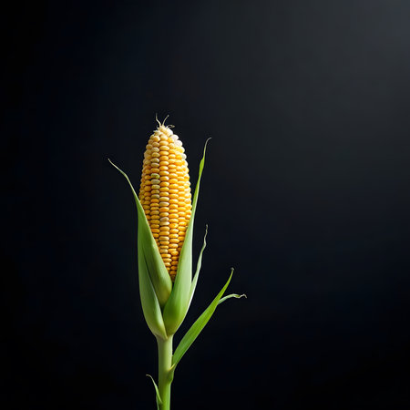 Ripe corn on the cob on a black background. Copy spaceの素材