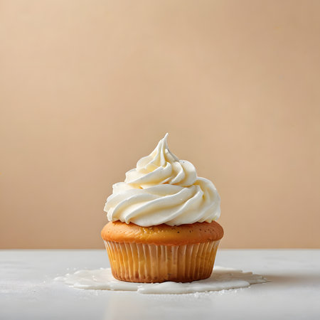 Cupcake with whipped cream on a beige background, squareの素材
