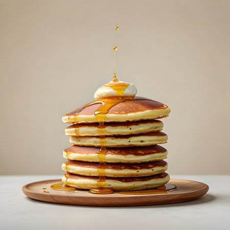 Stack of pancakes with maple syrup on wooden plate, white marble backgroundの素材