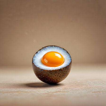Egg yolk in eggshell on wooden background. Healthy food concept.の素材
