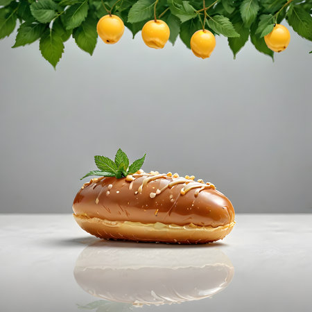 Chocolate donut with caramel glaze and mint leaves on gray backgroundの素材