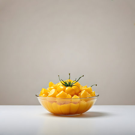 Mango salad in a glass bowl on a white table and gray backgroundの素材