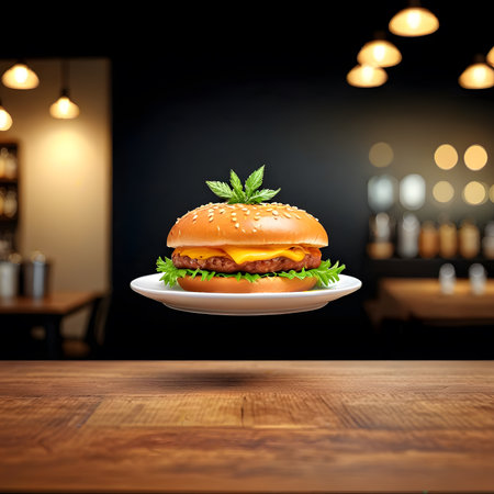Hamburger on saucer on wooden table in cafe. 3d renderingの素材