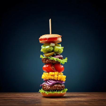 Big hamburger with fresh vegetables on wooden table over dark background.の素材