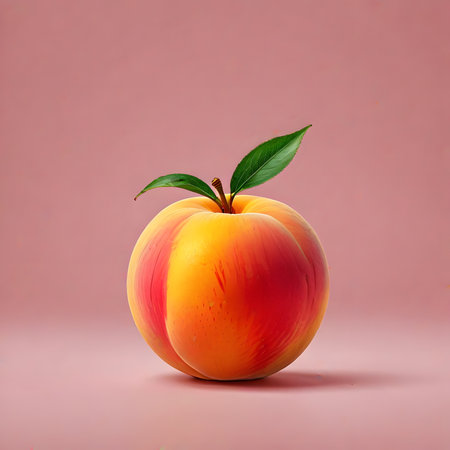 Peach with leaf isolated on pink background. 3d illustration.の素材