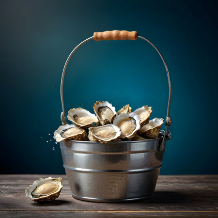 Fresh oysters in a bucket on a wooden table, blue backgroundの素材