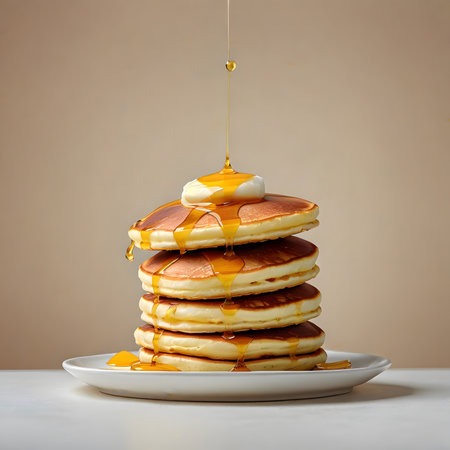 Stack of pancakes with maple syrup on a white plate on a beige backgroundの素材