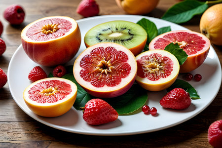 Variety of fruit including kiwi, orange, grapefruit and pomegranateの素材