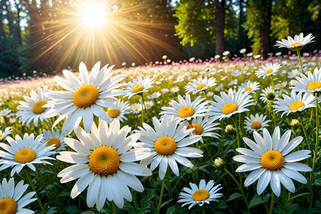 Field of daisies in the sun and rays of light.の素材