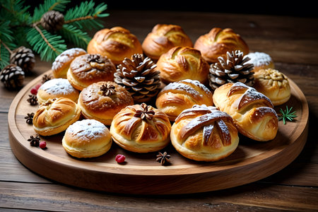 Christmas buns on a wooden board with fir branches and cones.の素材