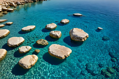 Aerial view of crystal clear turquoise sea water with stones.の素材