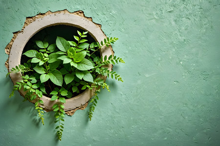 Green plant in pot on green wall background. Top view with copy spaceの素材