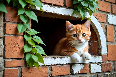 Cute ginger cat looking out of a window in a brick wallの素材