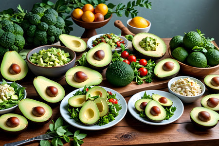 Avocado salad ingredients on wooden table. Healthy vegetarian food concept.の素材
