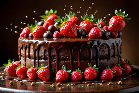 Chocolate cake with fresh strawberries and raspberries on dark backgroundの素材