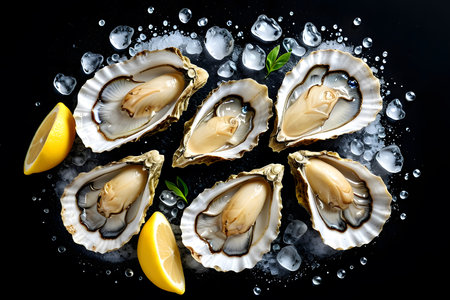 Fresh oysters with ice and lemon on black background, top viewの素材