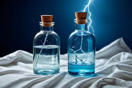 Two bottles glass with water splashing out on white sheet. Blue backgroundの素材