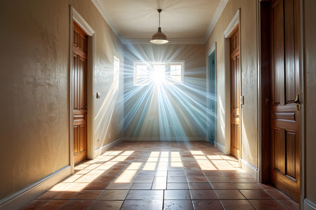 Interior of empty room with light rays coming through the door.の素材