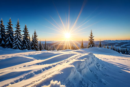 Majestic sunset in the winter mountains landscape. Dramatic wintry scene.の素材