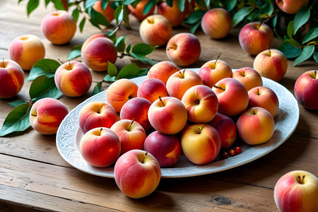 Fresh peaches in a plate on a rustic wooden table.の素材