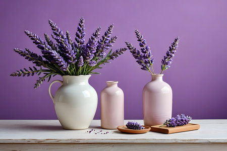 Lavender flowers in vases on wooden table against purple wallの素材