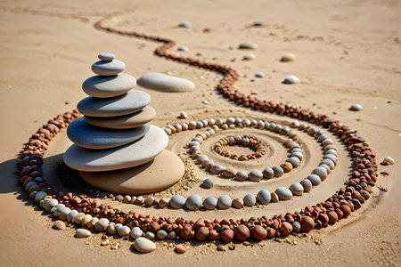 Zen garden with zen stones and spirals on the sandy beachの素材