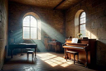 Interior of a room with a piano and a window with sunlightの素材