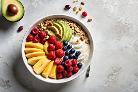 Healthy breakfast bowl with oatmeal, berries, fruits and nuts.の素材