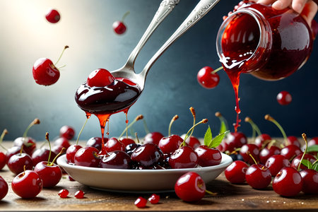 cherry jam in spoon and fresh cherries on a wooden tableの素材