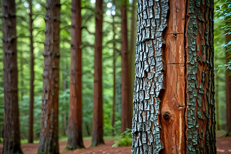 Old pine tree trunk in the forest. Beautiful nature scene with coniferous trees.の素材