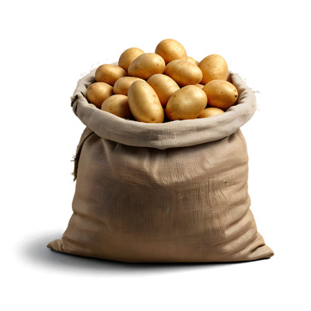 Potatoes in a burlap bag isolated on a white background.の素材