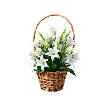 Bouquet of white lilies in a basket isolated on white backgroundの素材