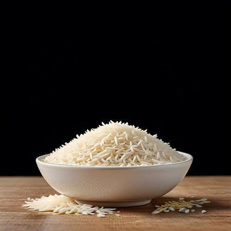 Uncooked long rice in a bowl on wooden table with black backgroundの素材