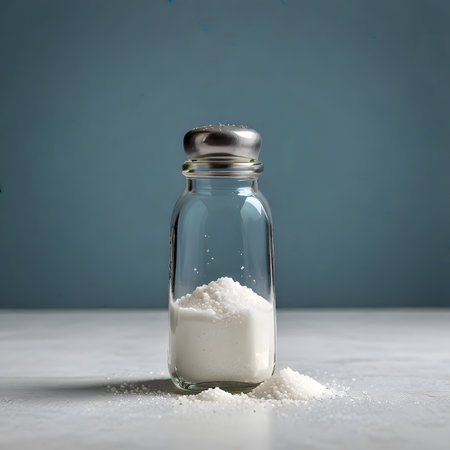 Sugar in a glass jar on a gray background. Copy space.の素材