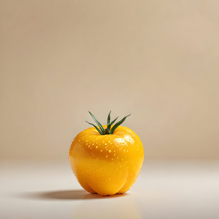Yellow tomato with water drops on a beige background, copy spaceの素材