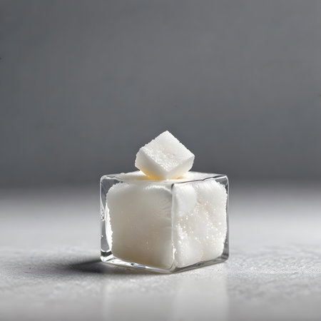 Refined sugar cubes in a glass cube on a gray background.の素材