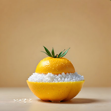 Ripe orange with sea salt on a beige background, selective focusの素材