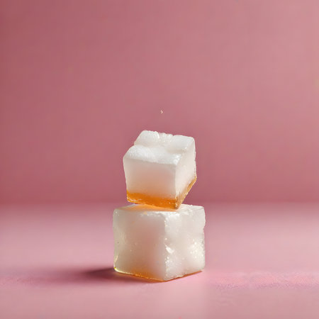Three cubes of ice on a pink background, close-up.の素材