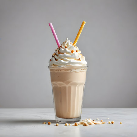 Iced chocolate milkshake with whipped cream and colorful strawsの素材