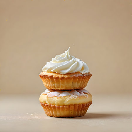 Cupcakes with whipped cream on beige background, square imageの素材