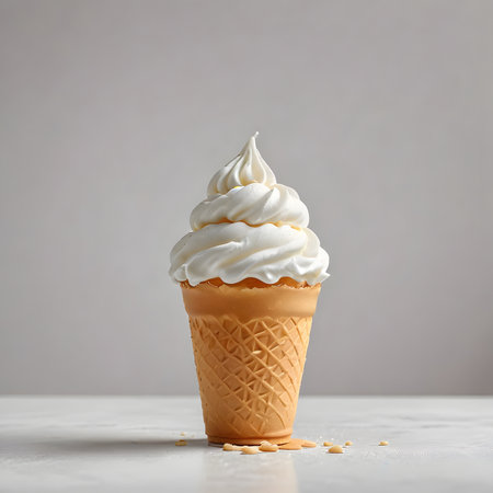 Vanilla ice cream in a waffle cone on a gray backgroundの素材