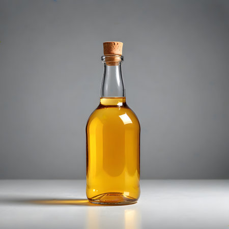 bottle of olive oil on a gray background with a corkの素材