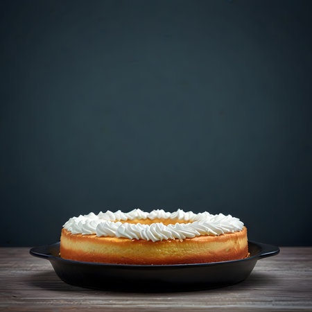 Cake with whipped cream on a black plate on a wooden tableの素材