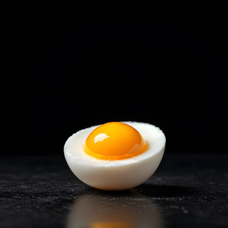 Boiled egg on a black background. Copy space for text.の素材