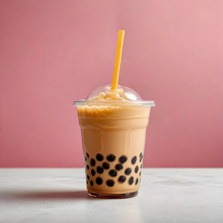 Iced Thai Milk Tea with Bubbles on White Table and Pink Backgroundの素材
