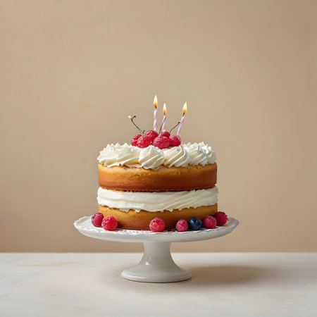 Birthday cake with candles and berries on a beige background.の素材