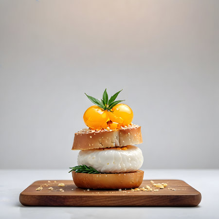 Sandwiches with mozzarella cheese and cherry tomatoes on a wooden boardの素材