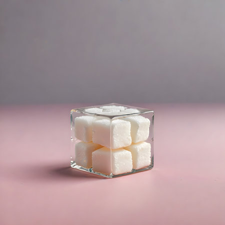 Sugar cubes in a glass jar on a pink background, square formatの素材