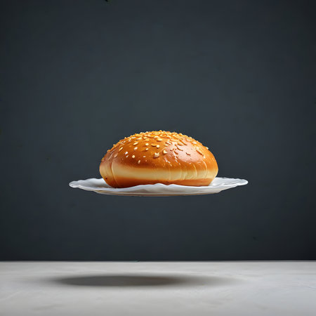 Bun with sesame seeds flying in the air on a gray backgroundの素材
