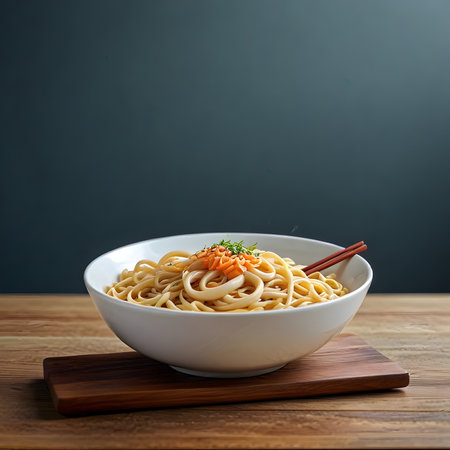 Bowl of asian noodle on wooden table with copy spaceの素材